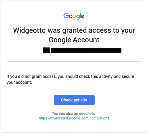Google Notification for Widgeotto Authentication